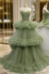 Green A-line Sweetheat Pleated Tulle Evening Prom Dresses