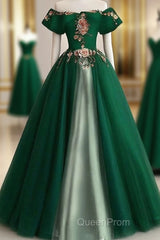 Green A-Line Tulle And Satin Long Formal Dresses, Green Party Dresses Evening Prom Dresses