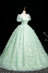 Green A-Line Tulle Beaded Sequin Long Evening Prom Dresses, Beautiful 3D Butterfly Evening Dresses
