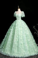 Green A-Line Tulle Beaded Sequin Long Evening Prom Dresses, Beautiful 3D Butterfly Evening Dresses