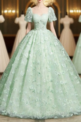 Green A-Line Tulle Beaded Sequin Long Evening Prom Dresses, Beautiful 3D Butterfly Evening Dresses