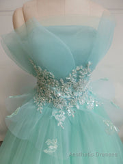 Green A-Line Tulle Lace Long Prom Dress, Green Sweet 16 Dress