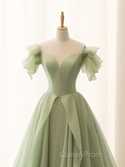 Green A Line Tulle Long Evening Prom Dresses V Neck Long Formal Dresses