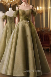 Green A-line Tulle Long Sweetheart Party Dresses, Green Tulle Evening Prom Dresses