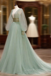 Green A-line Tulle New Evening Prom Dresses Long Sleeves Green Party Dresses Evening Prom Dresses shops
