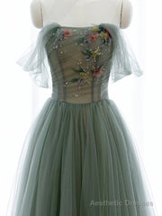 Green A-line Tulle with Lace Applique Long Formal Dress, Green Prom Dress