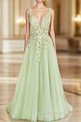 Green A-line V-neckline Tulle with Lace Long Party Dresses, Green Tulle Evening Prom Dresses