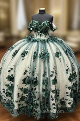 Green Ball Gown Off Shoulder 3D Flowers Beads Applique Quinceanera Dresses