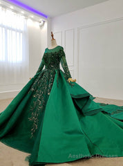 Green Ball Gown Satin Long Sleeve Beading Sequins Appliques Wedding Dress