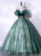 Green Ball Gown Tulle Beaded Off Shoulder Sweet 16 Dresses, Green Evening Gown