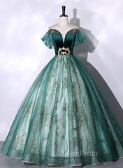 Green Ball Gown Tulle Beaded Off Shoulder Sweet 16 Dresses, Green Evening Gown
