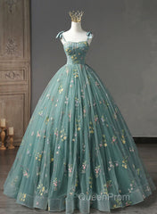 Green Floral Straps Sweetheart Long Party Dresses, Green Sweet 16 Dresses