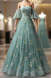 Green Floral Straps Sweetheart Long Party Dresses, Green Sweet 16 Dresses