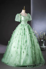 Green Flower Lace Long Prom Dress with Sleeves, Green Formal Dress