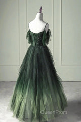 Green Gradient Tulle A-Line Long Formal Dresses, Green Beaded Straps Party Dresses Evening Prom Dresses