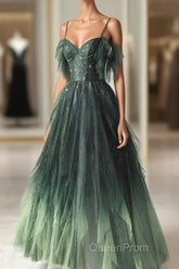 Green Gradient Tulle A-Line Long Formal Dresses, Green Beaded Straps Party Dresses Evening Prom Dresses