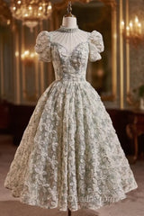 Green High Neck Puff Sleeve Beading Evening Prom Dresses