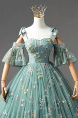 Green Lace Long A-Line Evening Dresses, Spaghetti Strap Evening Gown