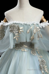 Green Lace Long A-Line Off the Shoulder Prom Dress, Evening Party Dress