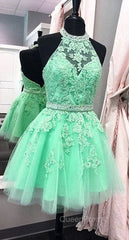Green Lace Short Evening Prom Dresses, Green Homecoming Dresses