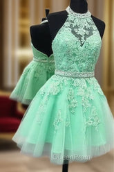 Green Lace Short Evening Prom Dresses, Green Homecoming Dresses