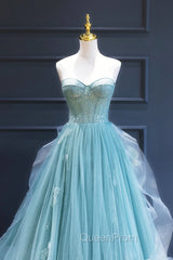 Green Lace Tulle A-Line Long Evening Dresses, Green Strapless Evening Dresses