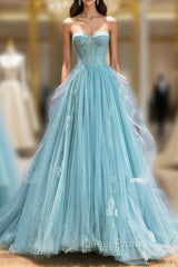 Green Lace Tulle A-Line Long Evening Dresses, Green Strapless Evening Dresses