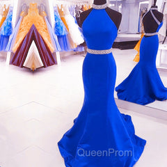 Green Mermaid Halter Evening Prom Dresses Satin Open Back