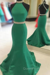 Green Mermaid Halter Evening Prom Dresses Satin Open Back