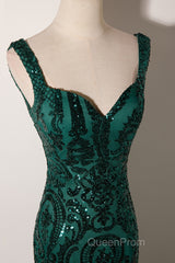Green Mermaid Long Straps Sequins Long Evening Prom Dresses, Green Mermaid Evening Dresses