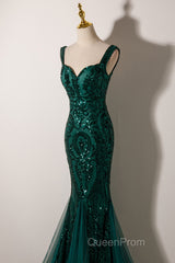Green Mermaid Long Straps Sequins Long Evening Prom Dresses, Green Mermaid Evening Dresses