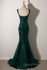 Green Mermaid Long Straps Sequins Long Evening Prom Dresses, Green Mermaid Evening Dresses