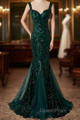 Green Mermaid Long Straps Sequins Long Evening Prom Dresses, Green Mermaid Evening Dresses