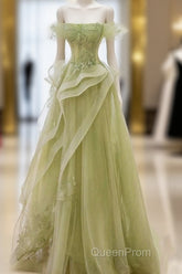 Green Off Shoulder Lace Long Evening Prom Dresses, Green Formal Dresses