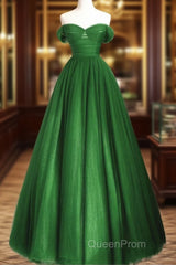 Green Off Shoulder Tulle A-Line Long Party Dresses, Green A-Line Evening Prom Dresses