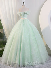 Green Off Shoulder Tulle Green Long Evening Prom Dresses, Green Lace Long Sweet 16 Dresses