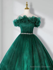 Green Off Shoulder Tulle Long Quinceanera Dresses