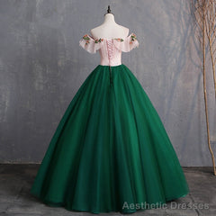 Green Off Shoulder Tulle with Lace Formal Gown, Green Evening Sweet 16 Dresses