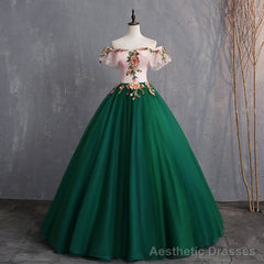 Green Off Shoulder Tulle with Lace Formal Gown, Green Evening Sweet 16 Dresses
