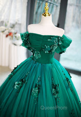 Green Off Shouldr Ball Gown Flowers Tulle Formal Dresses, Green Floor Length Party Dresses