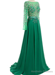 Green Open Back Long Sleeve Crystal Evening Gown Eevening Gown