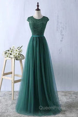 Green Evening Prom Dresses Scoop Tulle & Lace With Sash A Line Sweep Train Floor Length Elegant