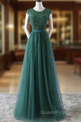 Green Evening Prom Dresses Scoop Tulle & Lace With Sash A Line Sweep Train Floor Length Elegant