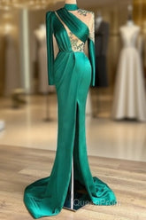 Green Robe De Soiree Sheath Long Sleeves Satin Beaded Slit Sexy Long Evening Prom Dresses Evening Prom Gown Evening Dresses