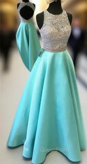 Green Round Neck Sequin Backless Long Evening Prom Dresses, Evening Dresses