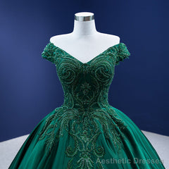 Green Satin Beaded Off Shoulder Long Formal Gown, Green Sweet 16 Dresses