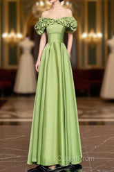 Green Satin Floor Length Evening Prom Dresses, Off The Shoulder Evening Party Dresses