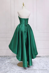 Green Satin High Low Prom Dress, Cute Sweetheart Neck Evening Party Dress