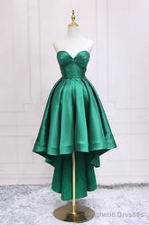 Green Satin High Low Prom Dress, Cute Sweetheart Neck Evening Party Dress