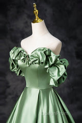 Green Satin Long A-Line Party Dresses, Off The Shoulder Formal Evening Dresses